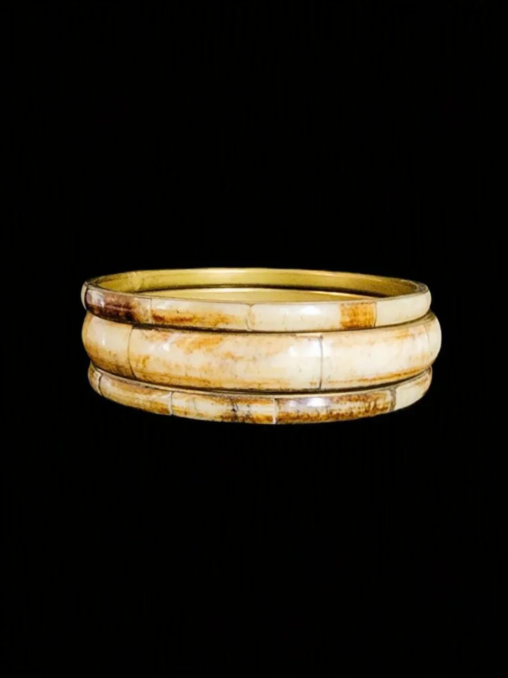 Vintage 1970s Bison Horn & Brass Bangle Bracelet Set of 3 Boho Stack